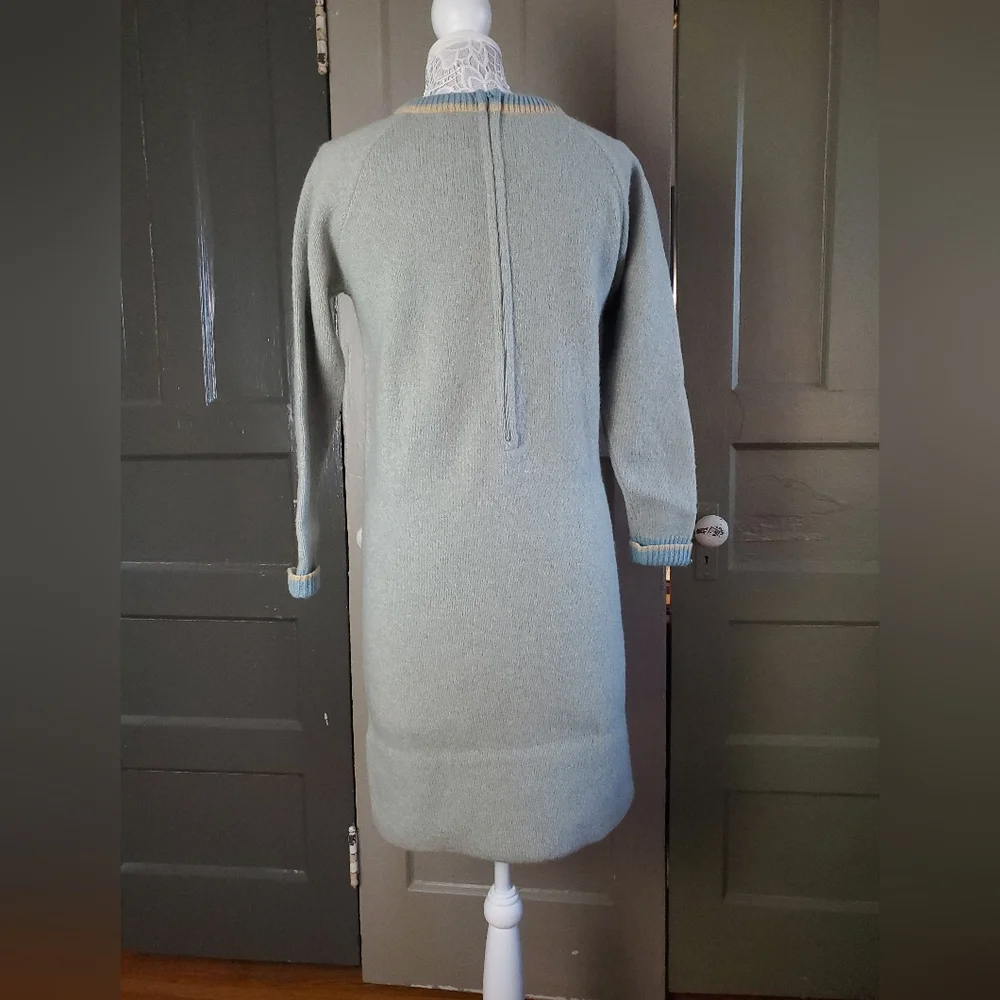 Vintage 70s Sears Shetland Wool Blue Ivory Sweater Dress Knit S / M - Picture 5 of 16